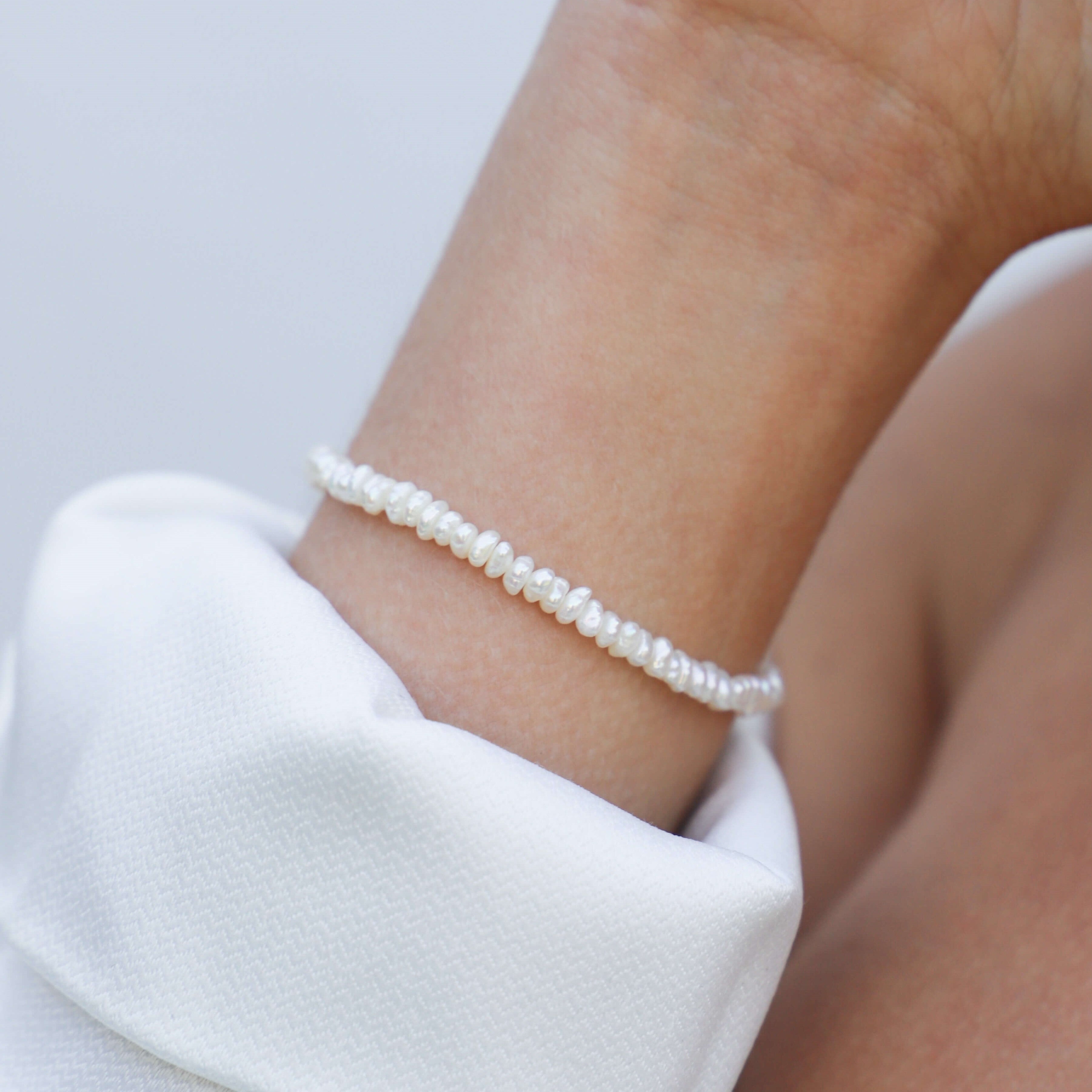 keshi pearl bracelet on model wrist