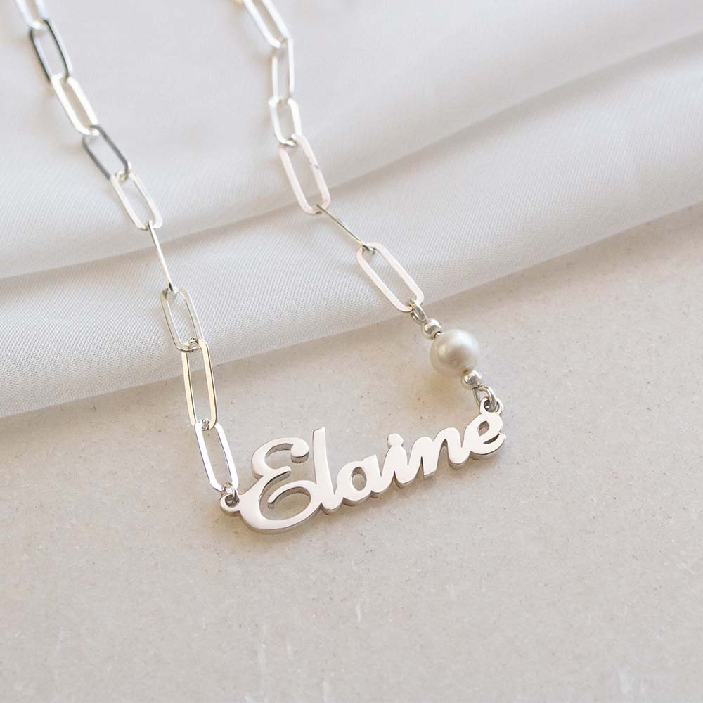 Paper Clip Pearl Name Necklace