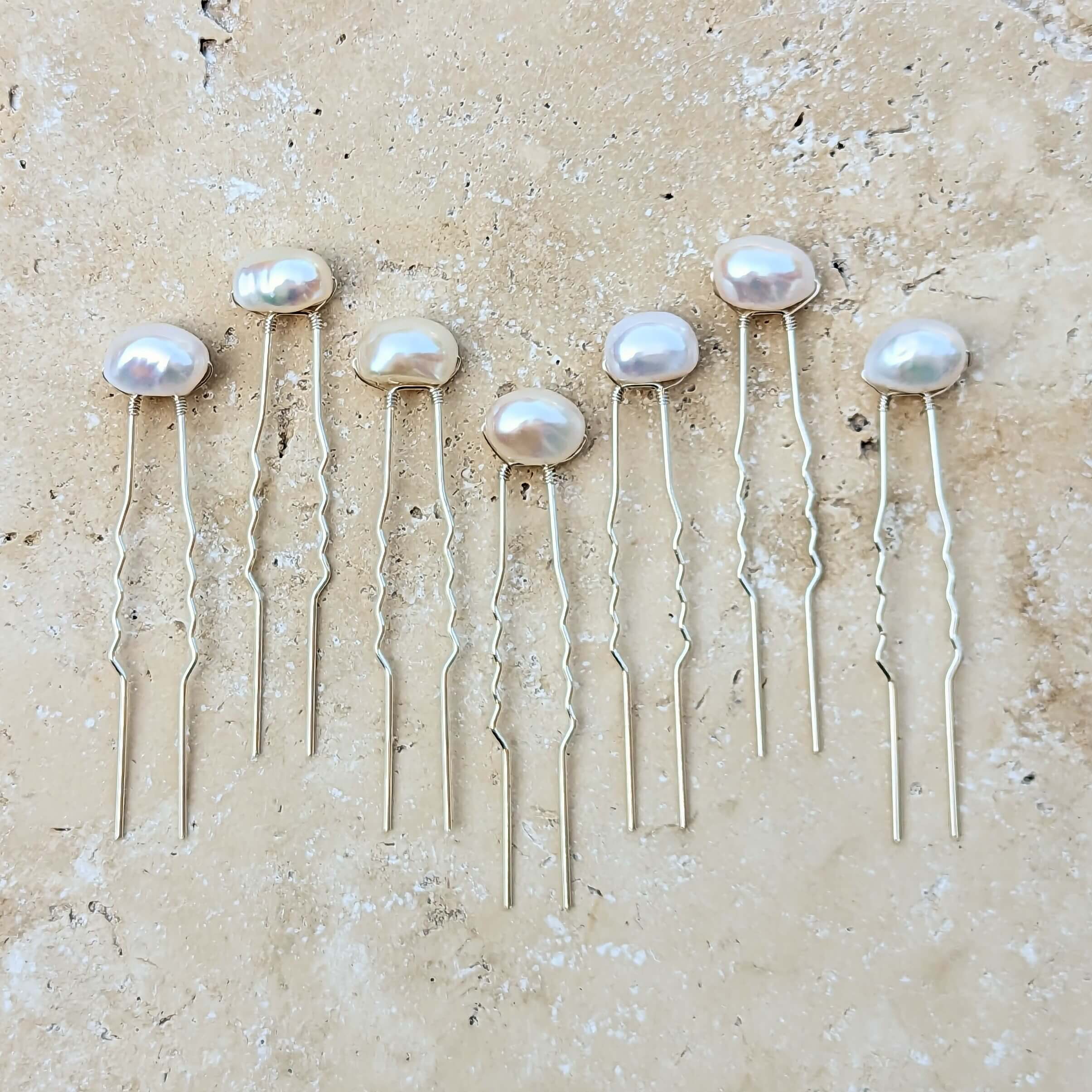 set of 7 real pearl hair pins in silver