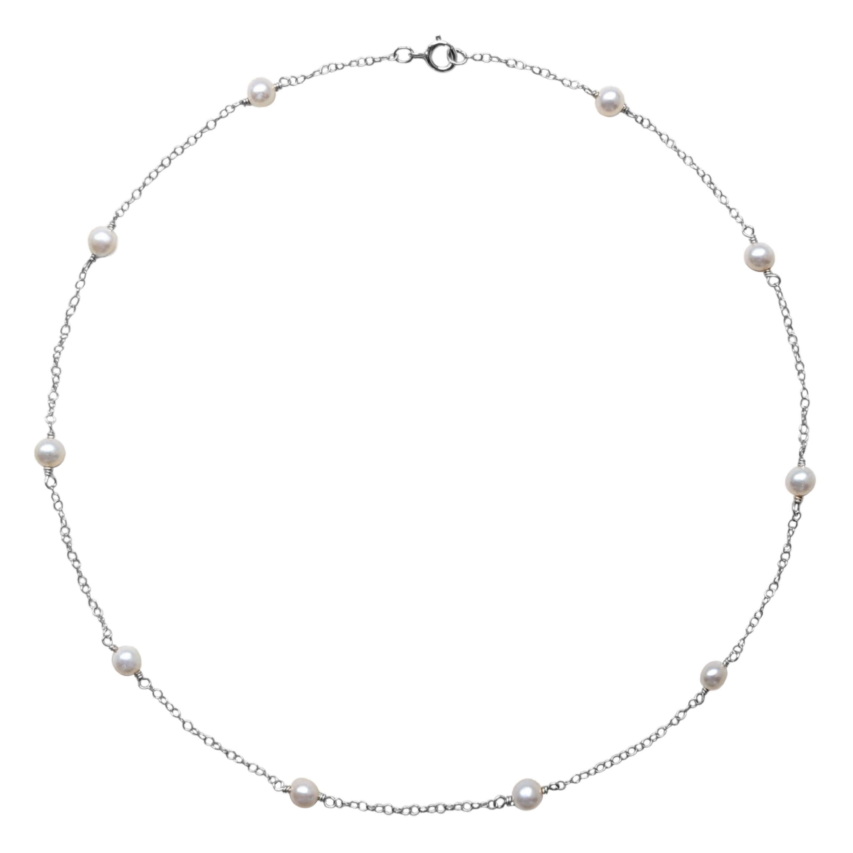 pearl and sterling silver chain necklace in sterling silver on a white background
