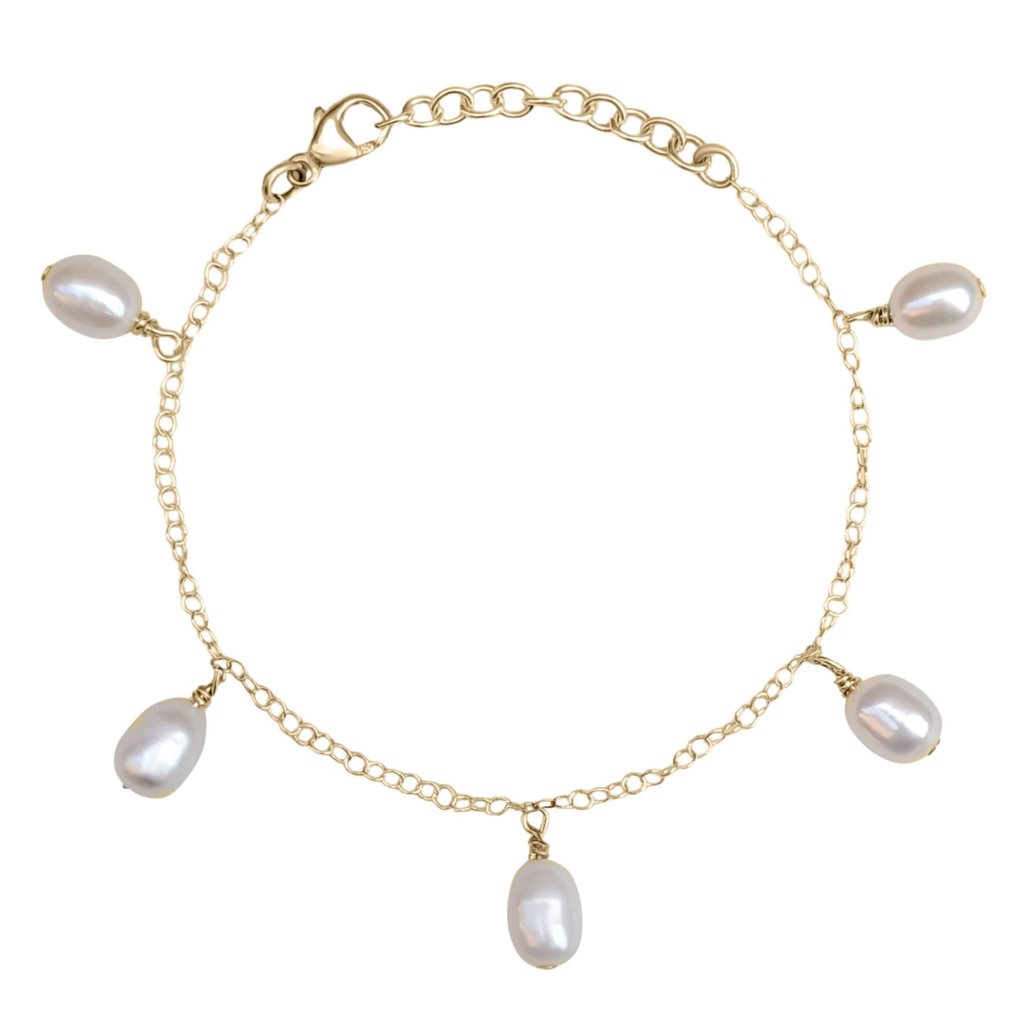 pearl drop charm bracelet in gold filled on white background