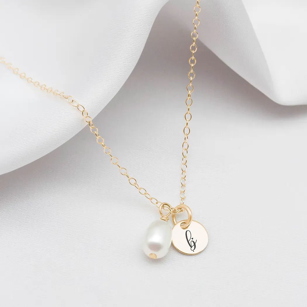 Personalised Script Heart Initial Pearl Necklace with 7mm Coin