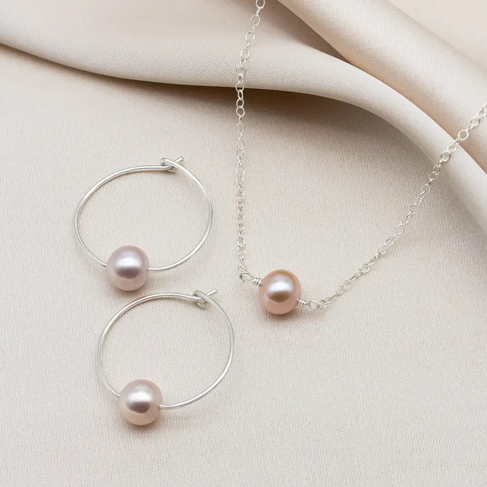 Pink Pearl Hoop Earrings and Necklace Set