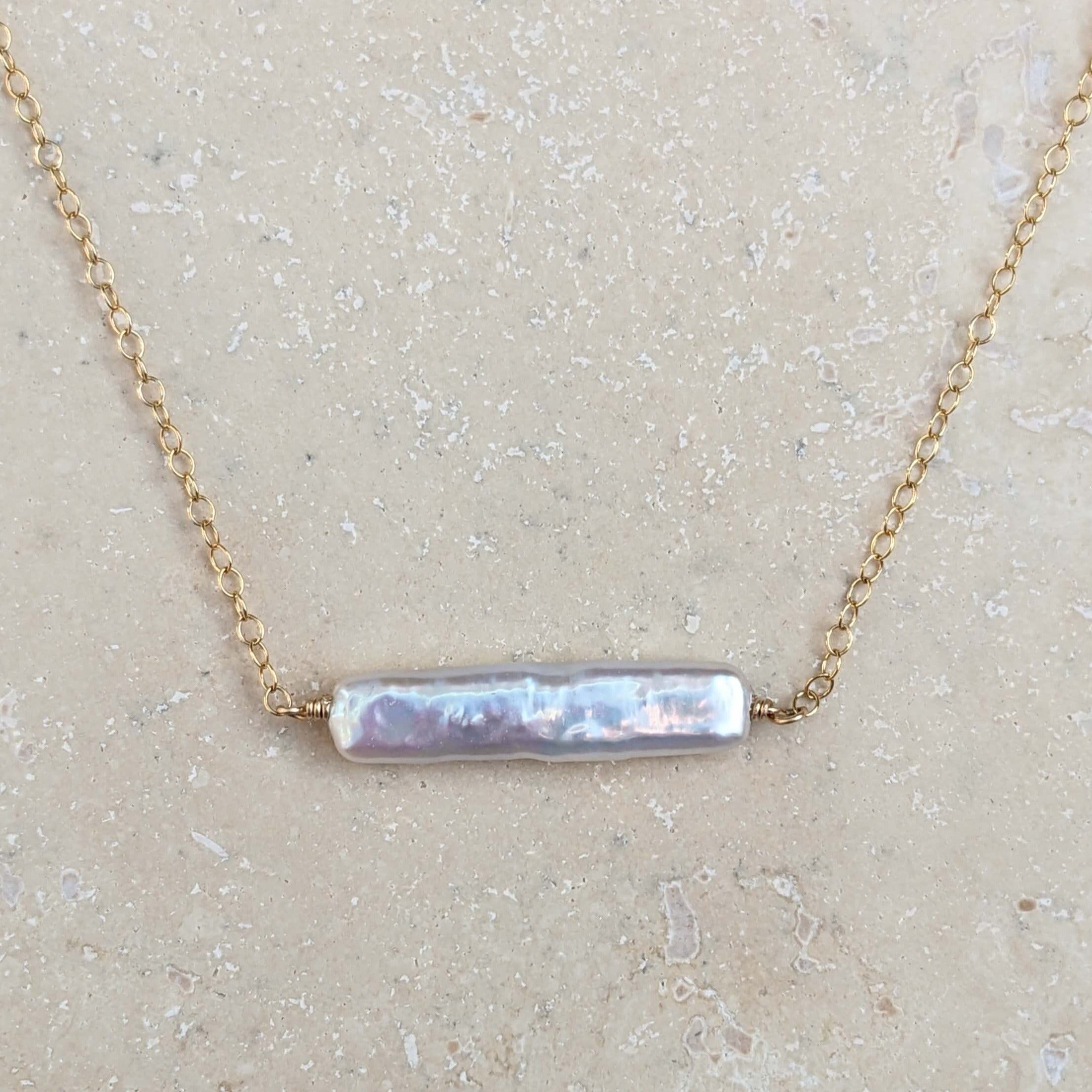 Rectangular pearl bar necklace with gold filled chain