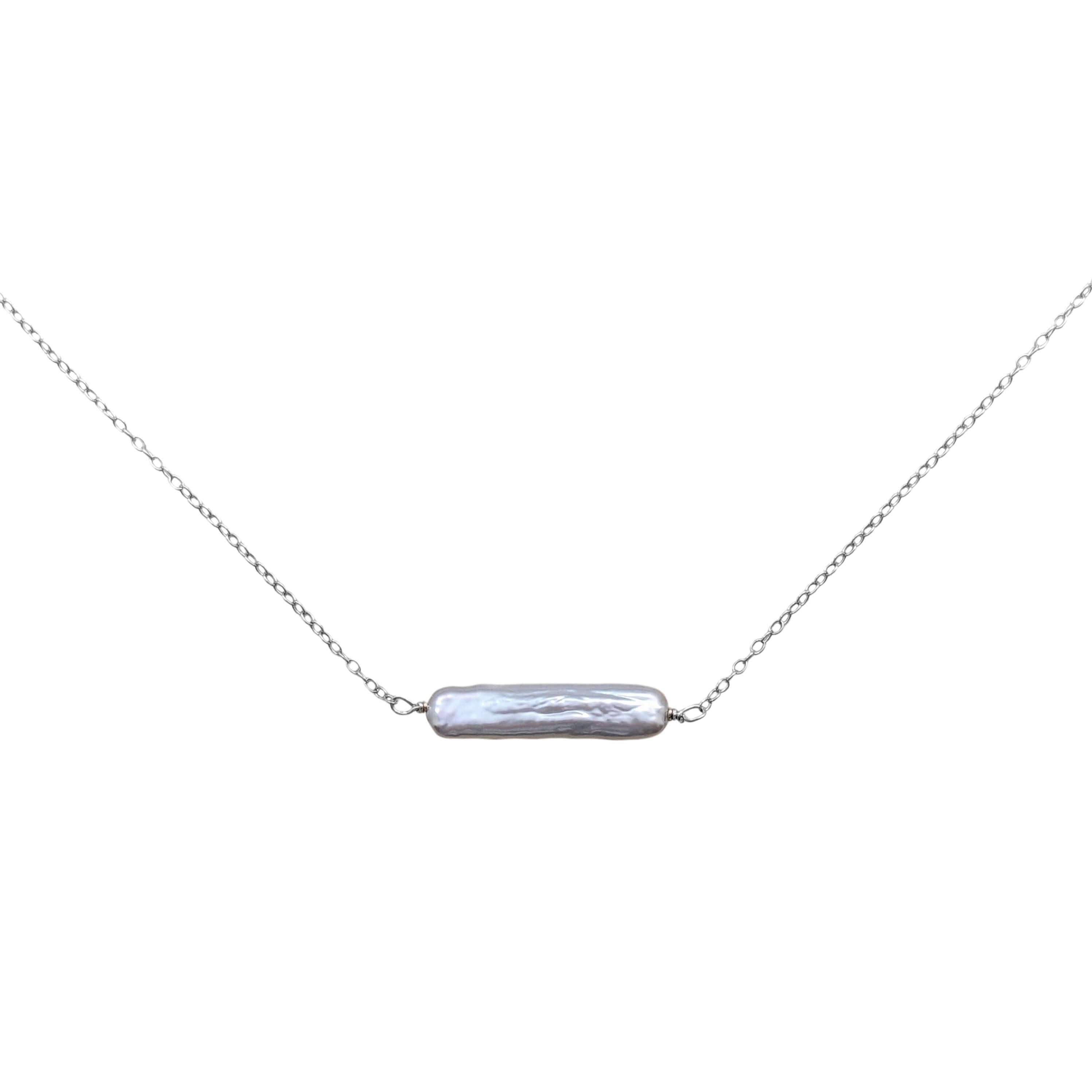 biwa pearl on sterling silver chain on a white background