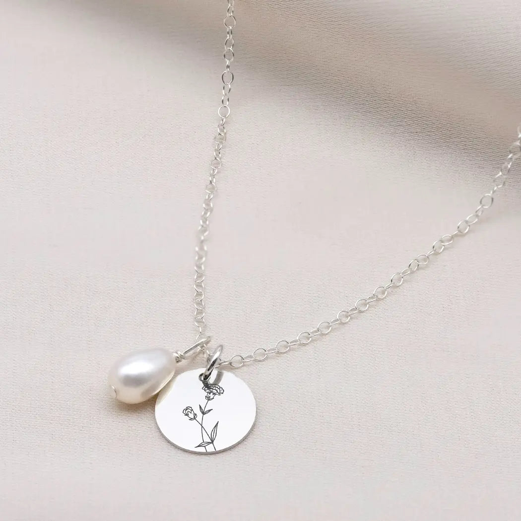 Personalised Birth Month Flower & Name Pearl Necklace