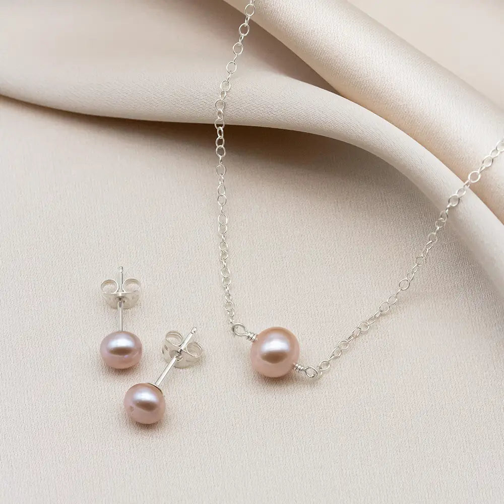 Stud Earrings and Necklace Set with Pink Pearls