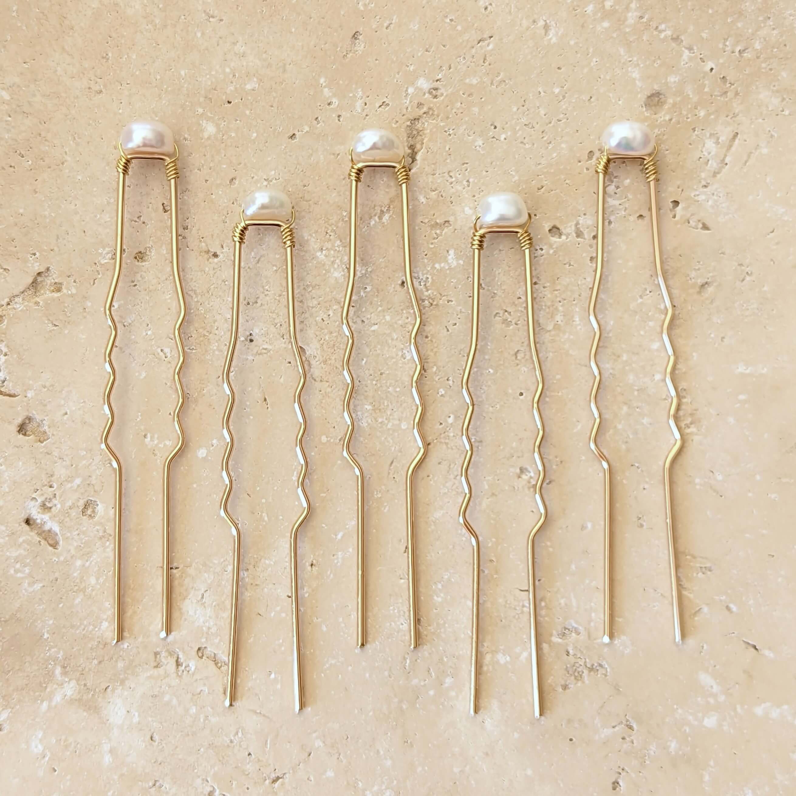 set of 5 small baroque pearl hair pins in gold