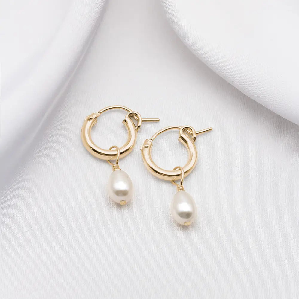 14ct Solid Gold Pearl Hoop Earrings