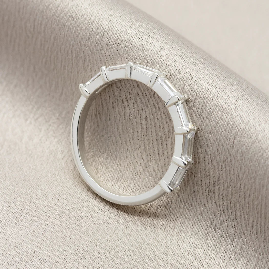 Sterling Silver Plain Baguette Half Eternity Band Ring - Bowie