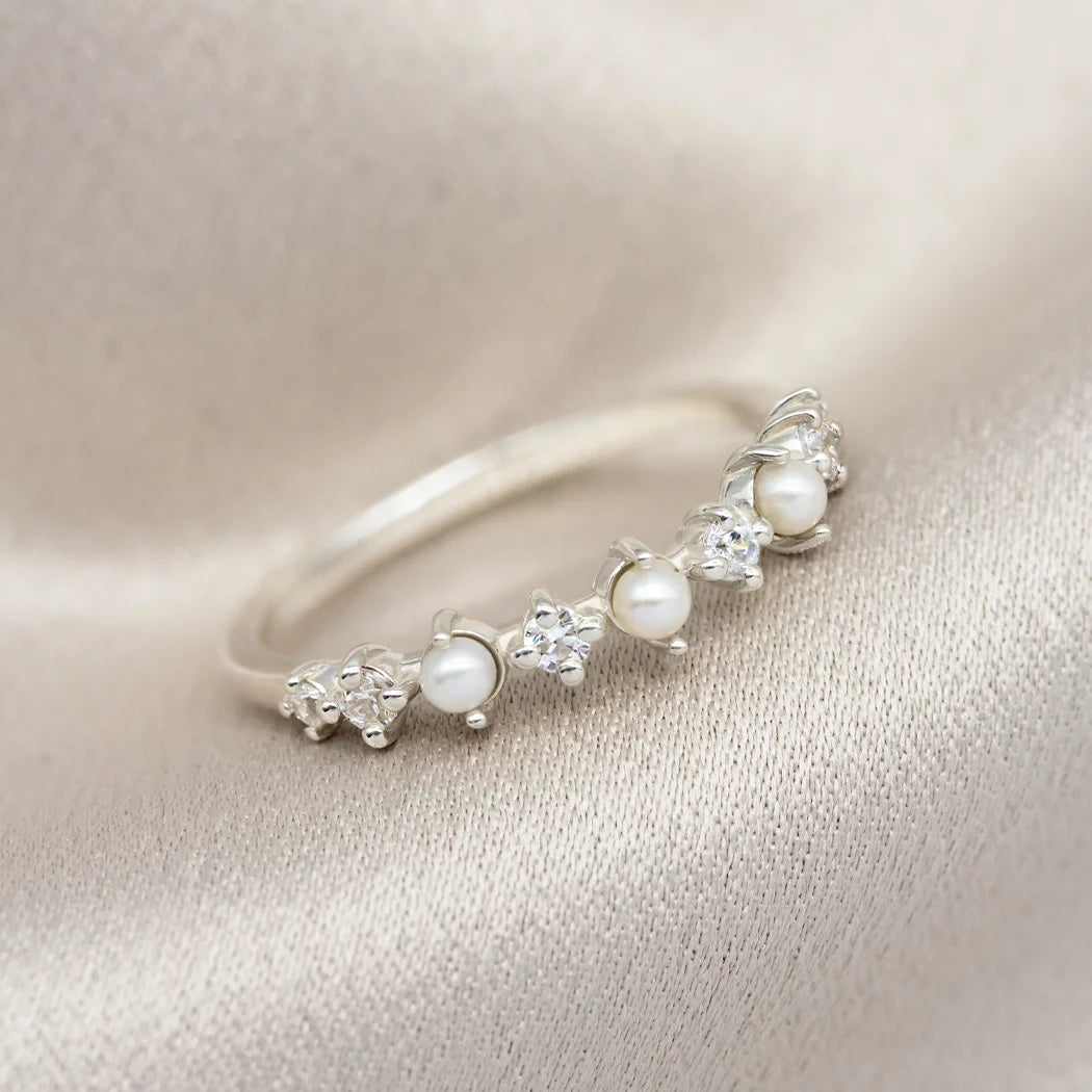 Sterling Silver Pearl and Diamond Eternity Band Ring - Reese