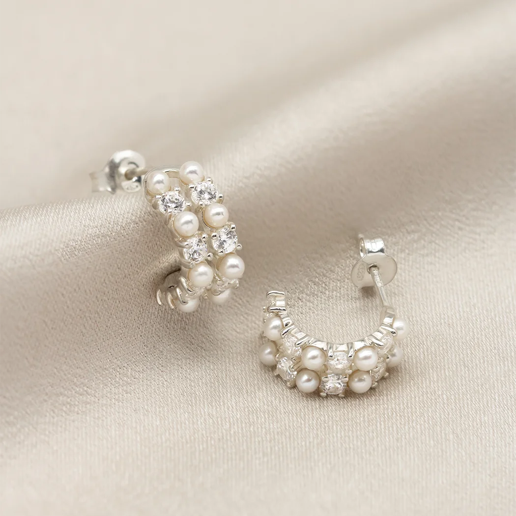Dainty double strand crystal and pearl hoops - Stevie