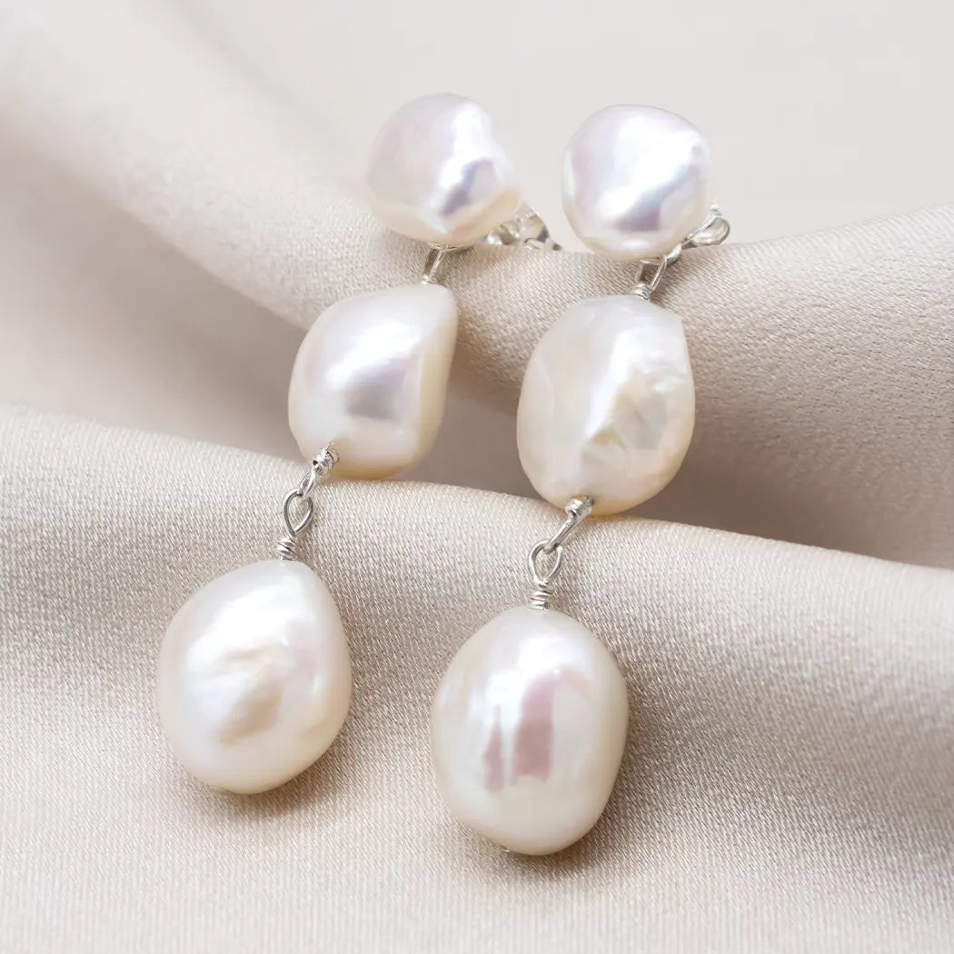 Laila Three Pearl Bridal Pearl Drop Earrings