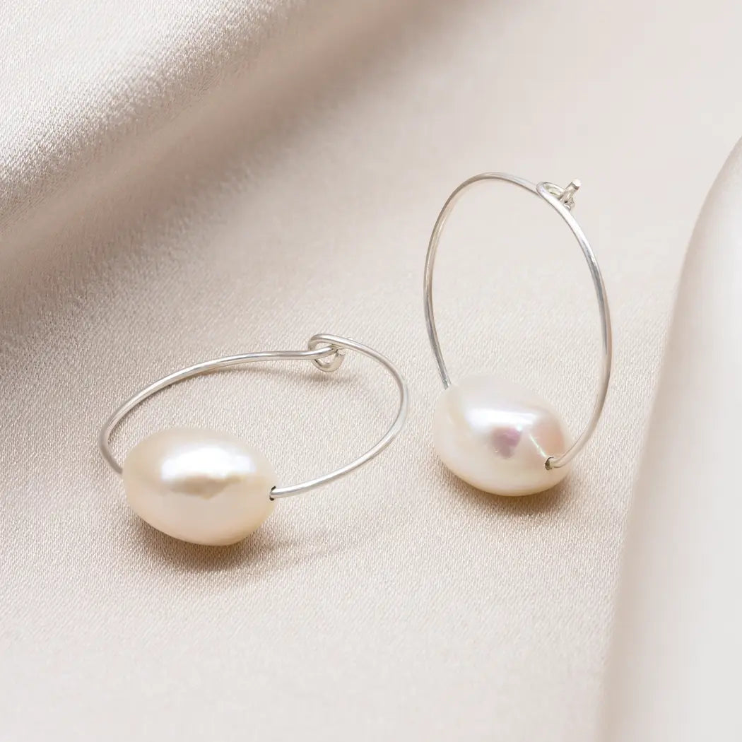 Olivia Large Pearl Wire Hoop Earrings