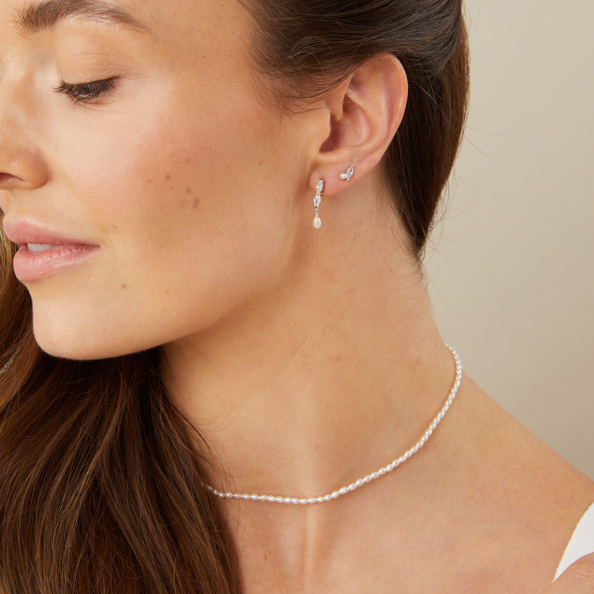 Small Double Marquise Crystal Pearl Drop Earrings - Mira