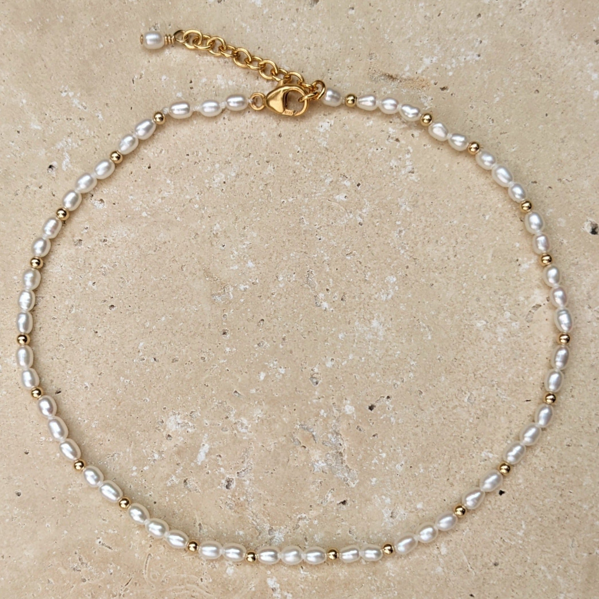 Sead pearl and gold bead anklet with gold adjustable clasp