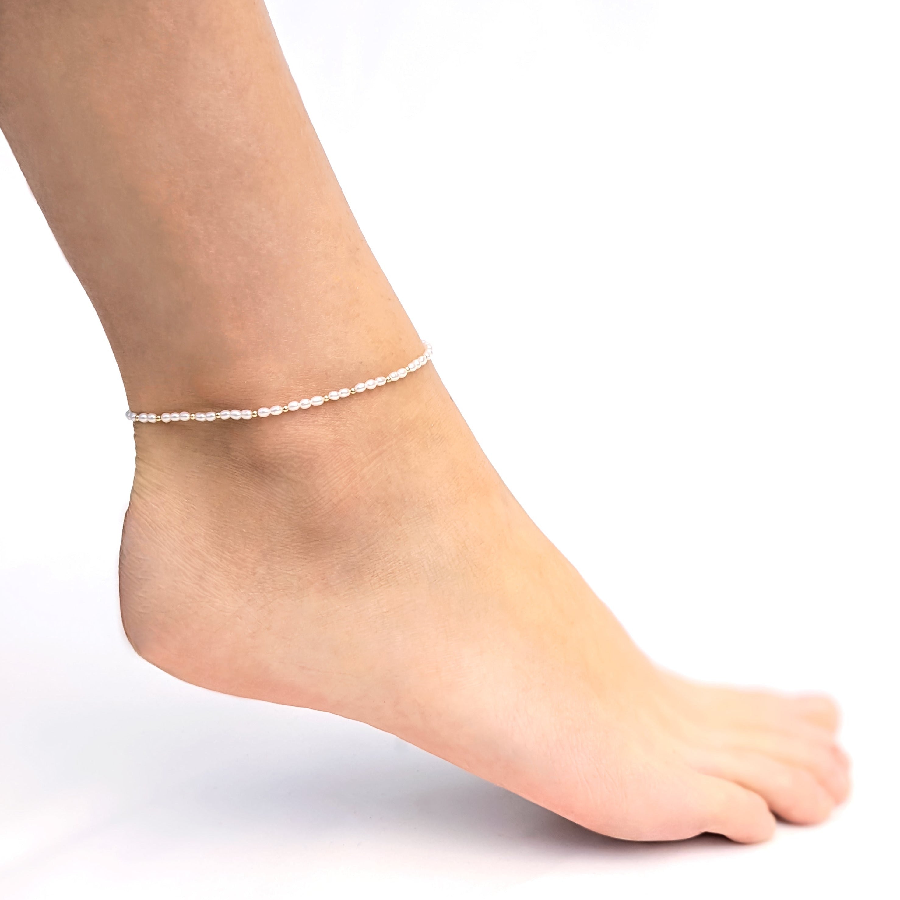 Beaded seed pearl anklet with tiny gold beads