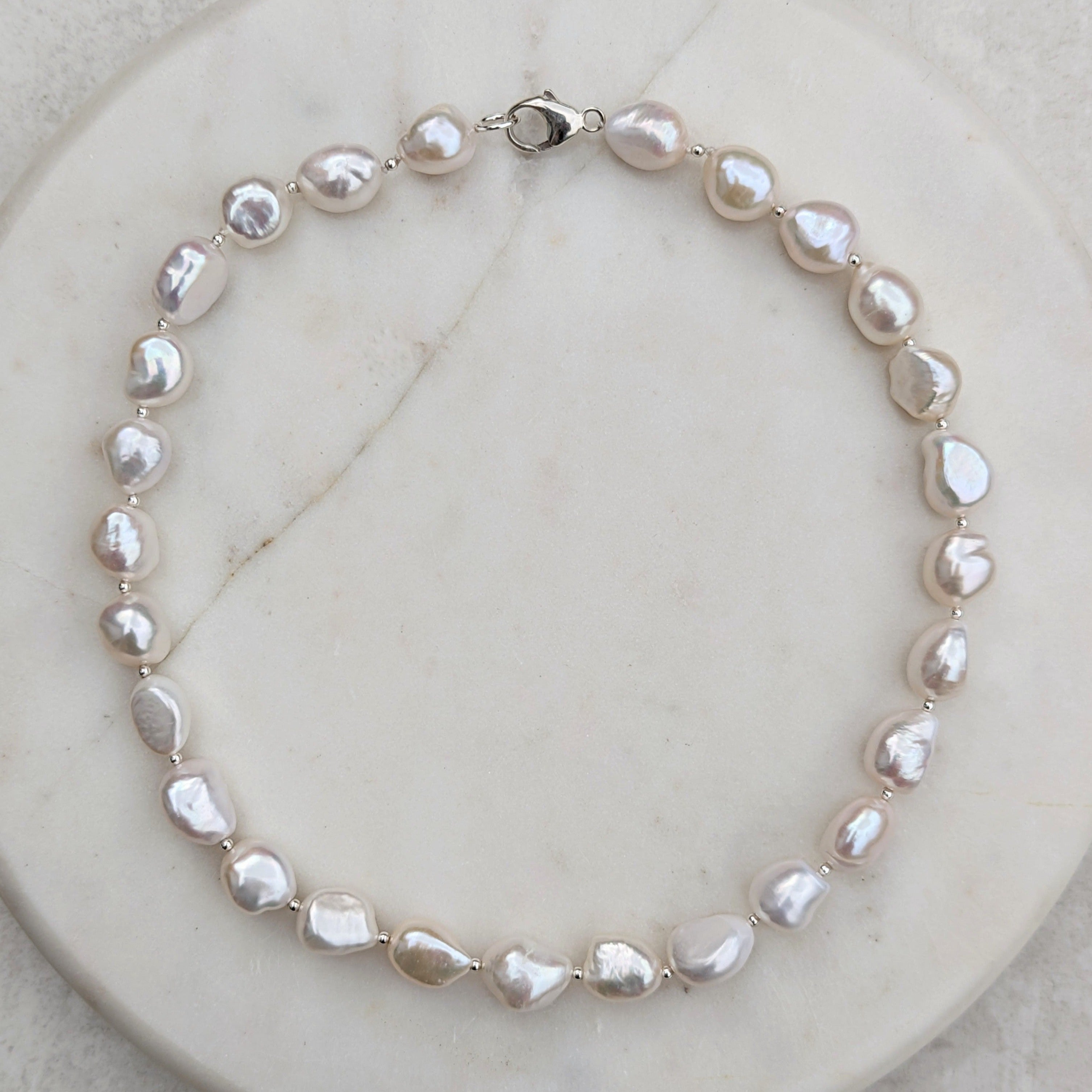 Chunky pearl necklace with silver beads and clasp