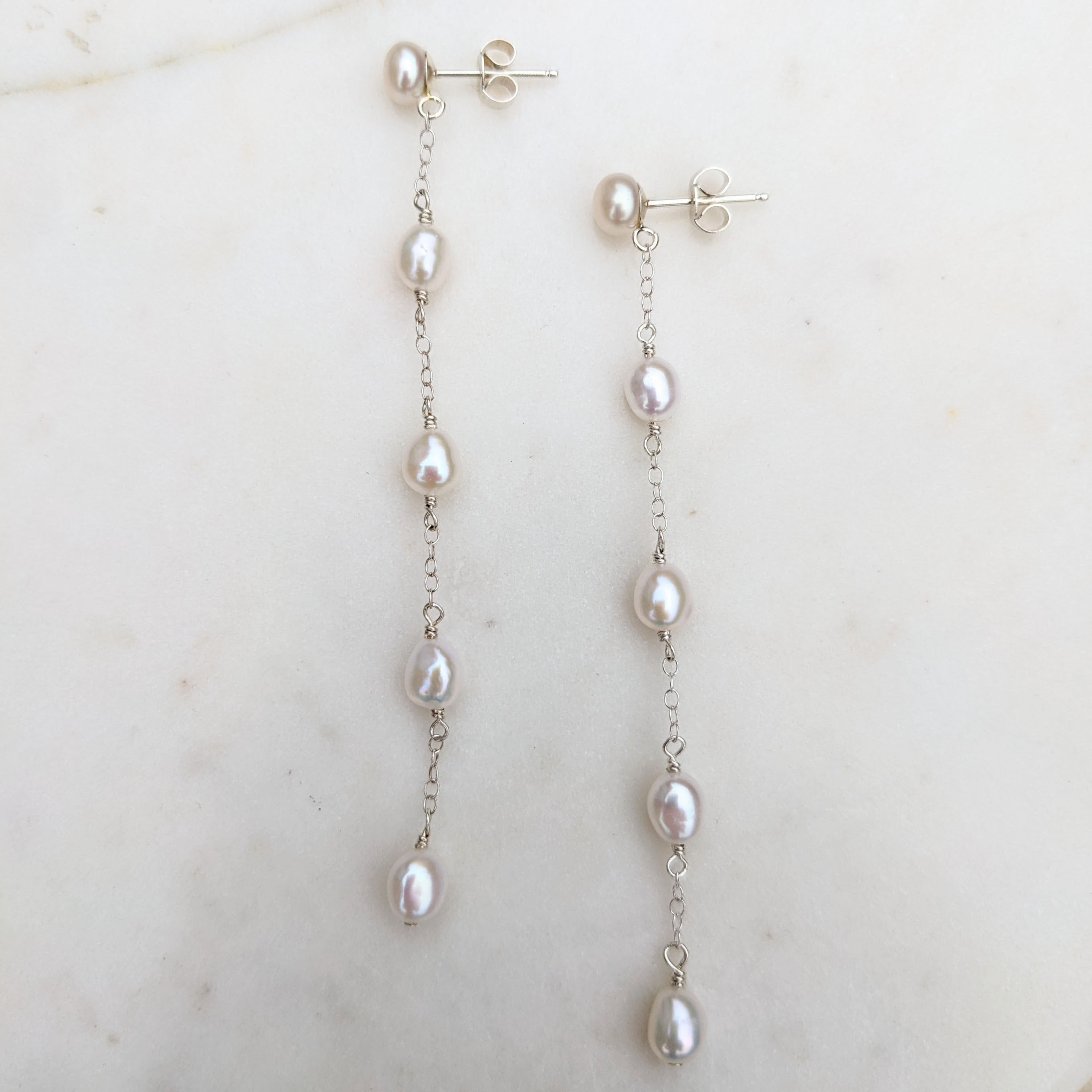 Dainty long pearl earrings stud dangle emilie silver