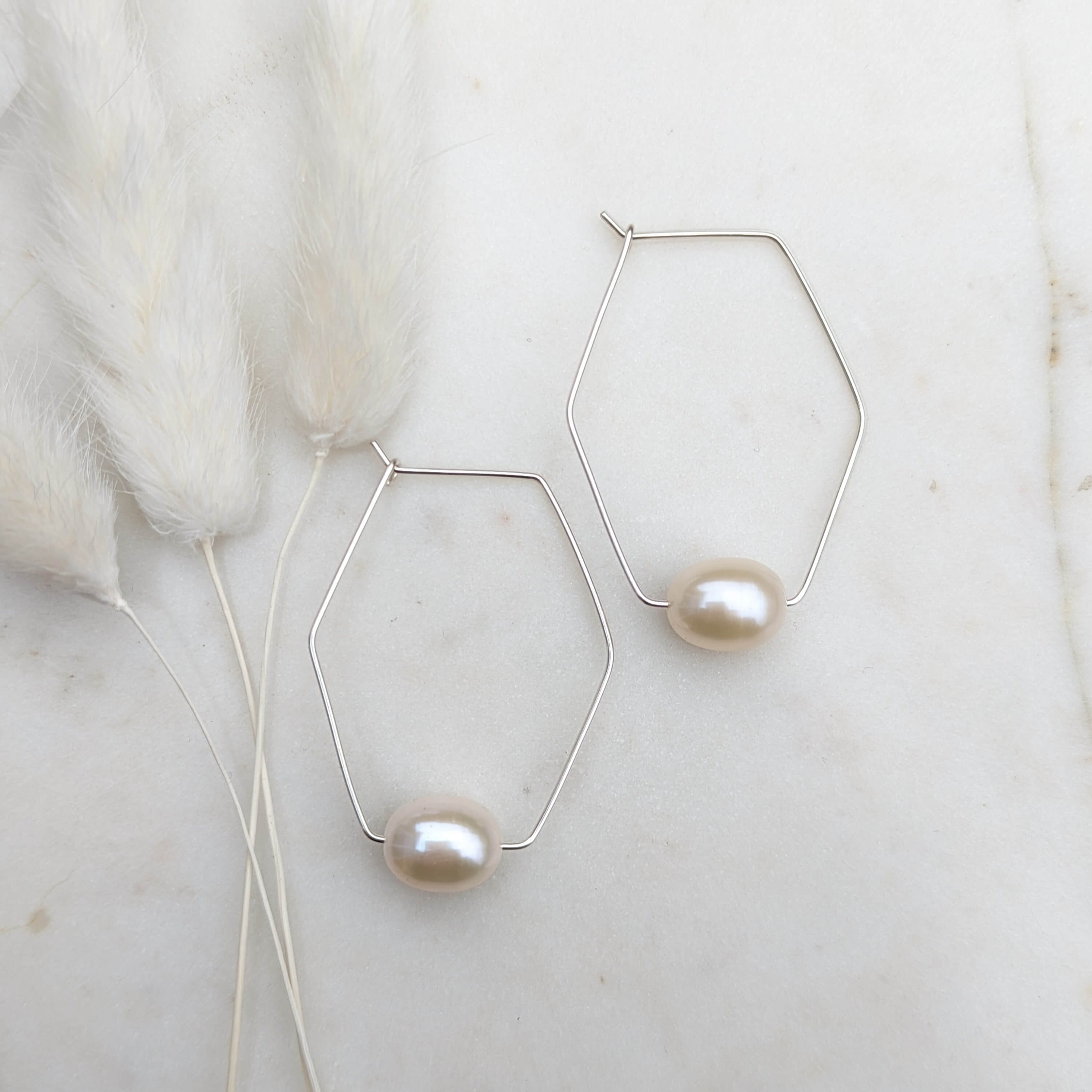geometric wire pearl earrings in sterling silver