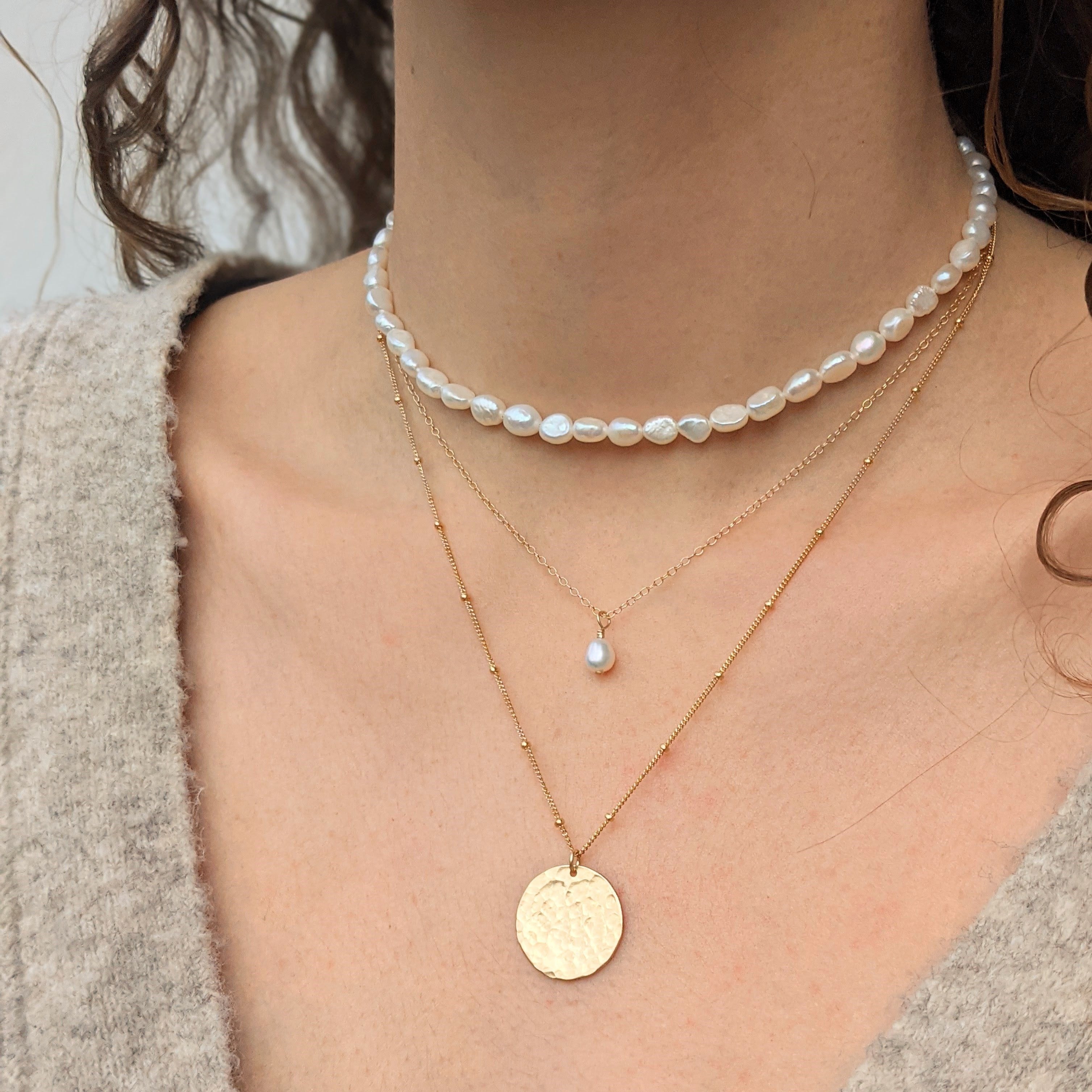 Gold hammered disk coin necklace layered gold layering small baroque pearl necklaces
