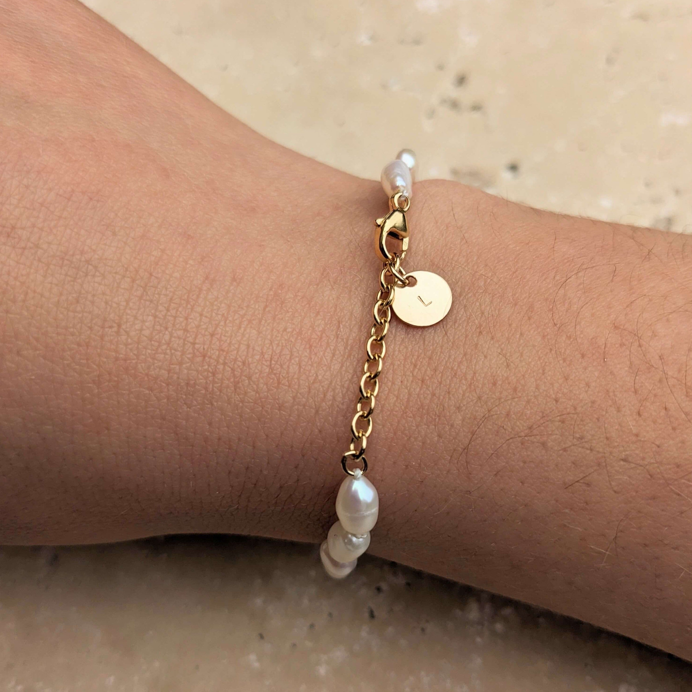 gold filled disc pearl bracelet on model