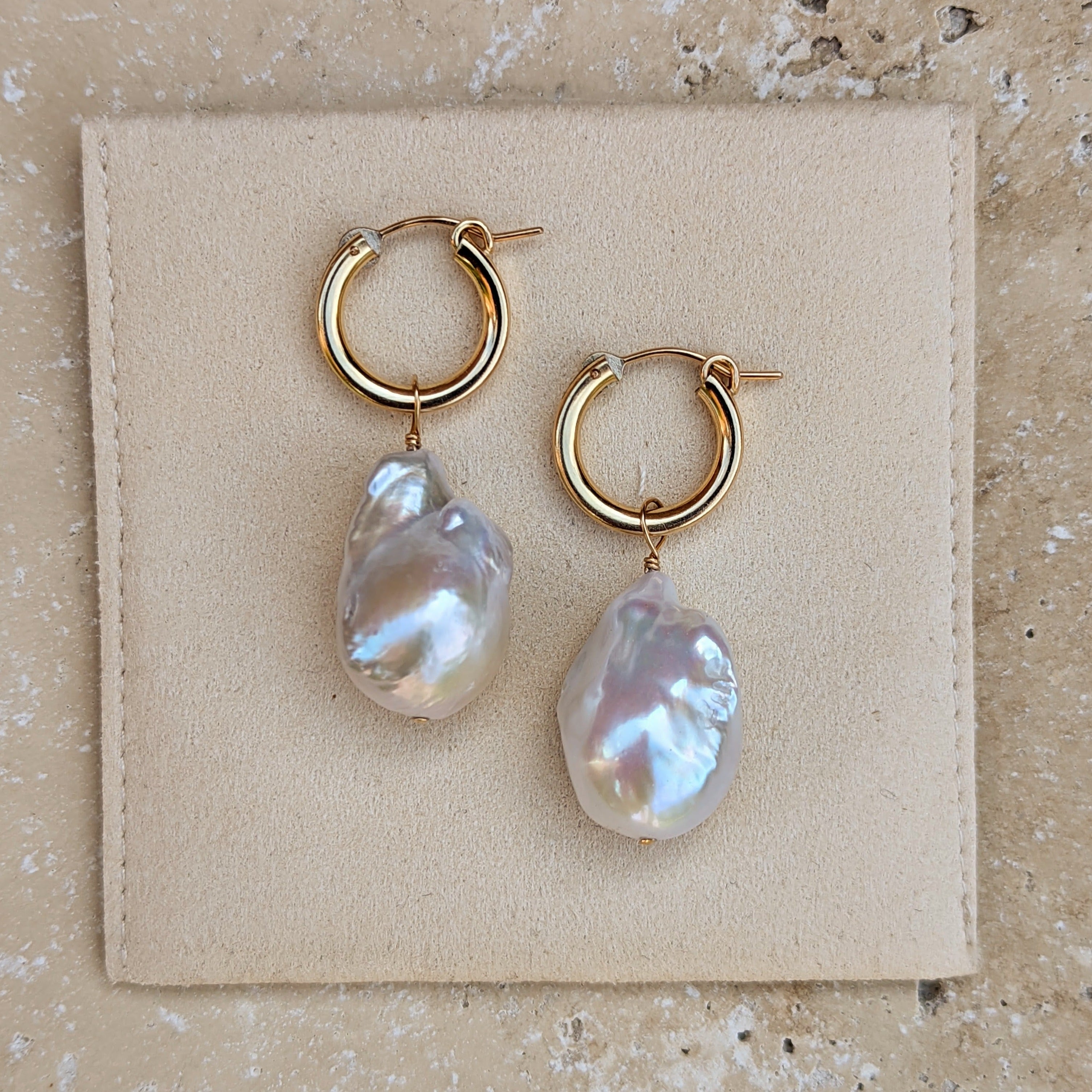 Large baroque pearl gold filled hoop earrings