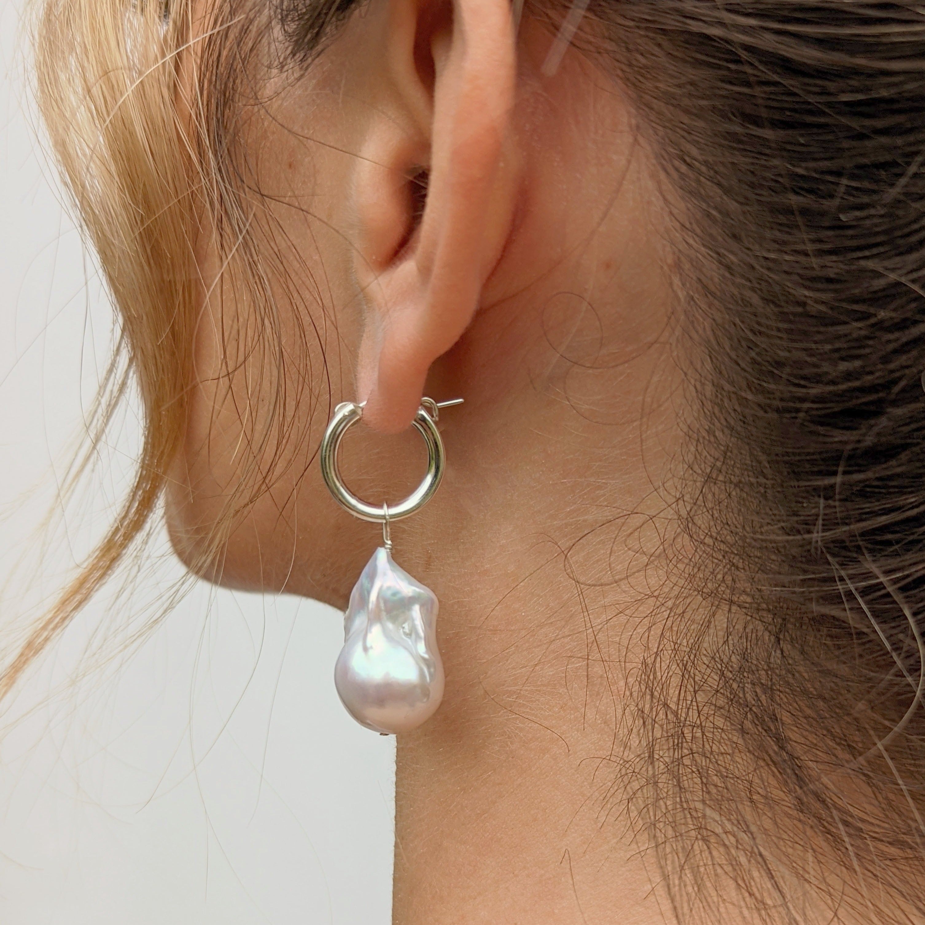 Large baroque pearl earring with sterling silver hoop