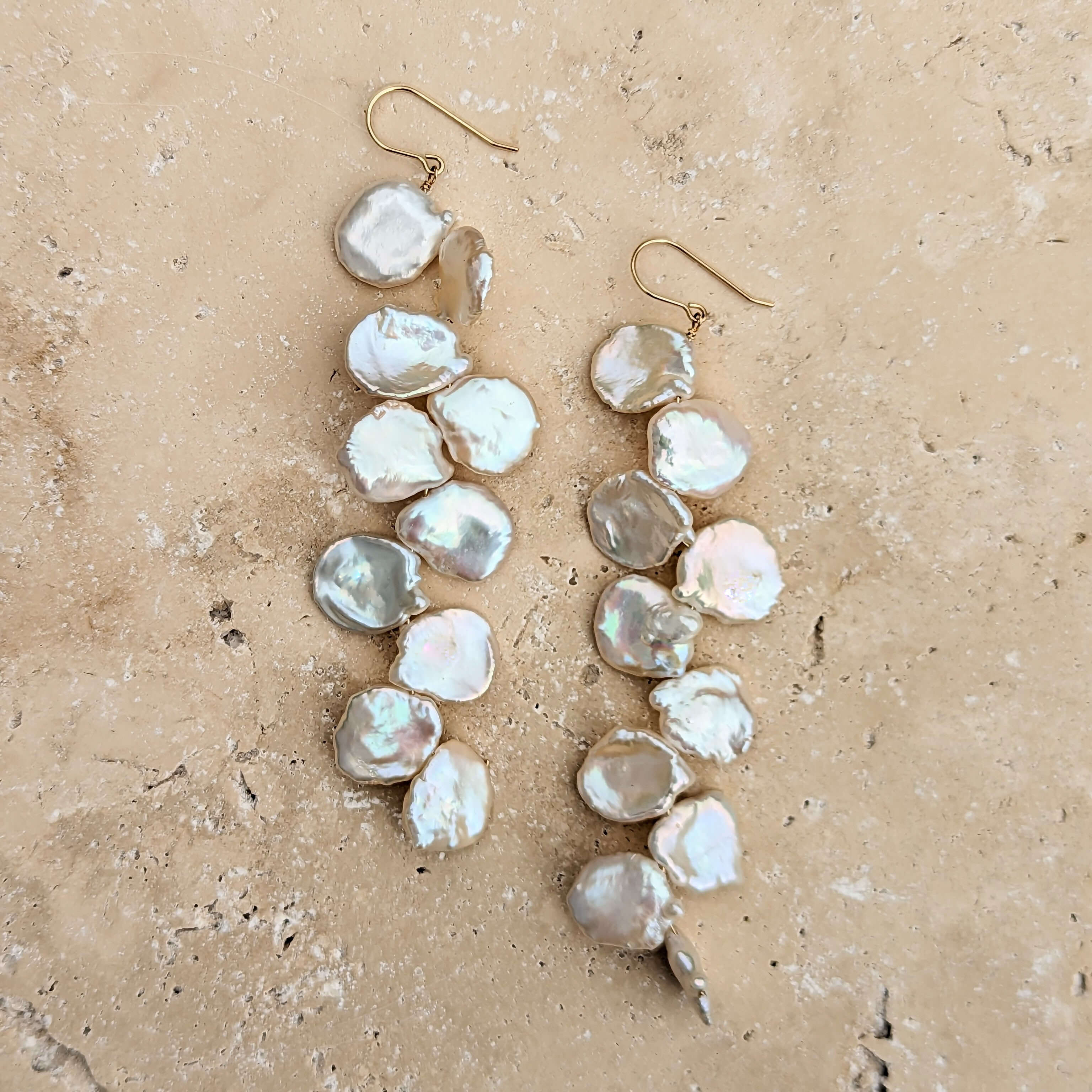 Long keshi pearl earrings with hook ear fittings