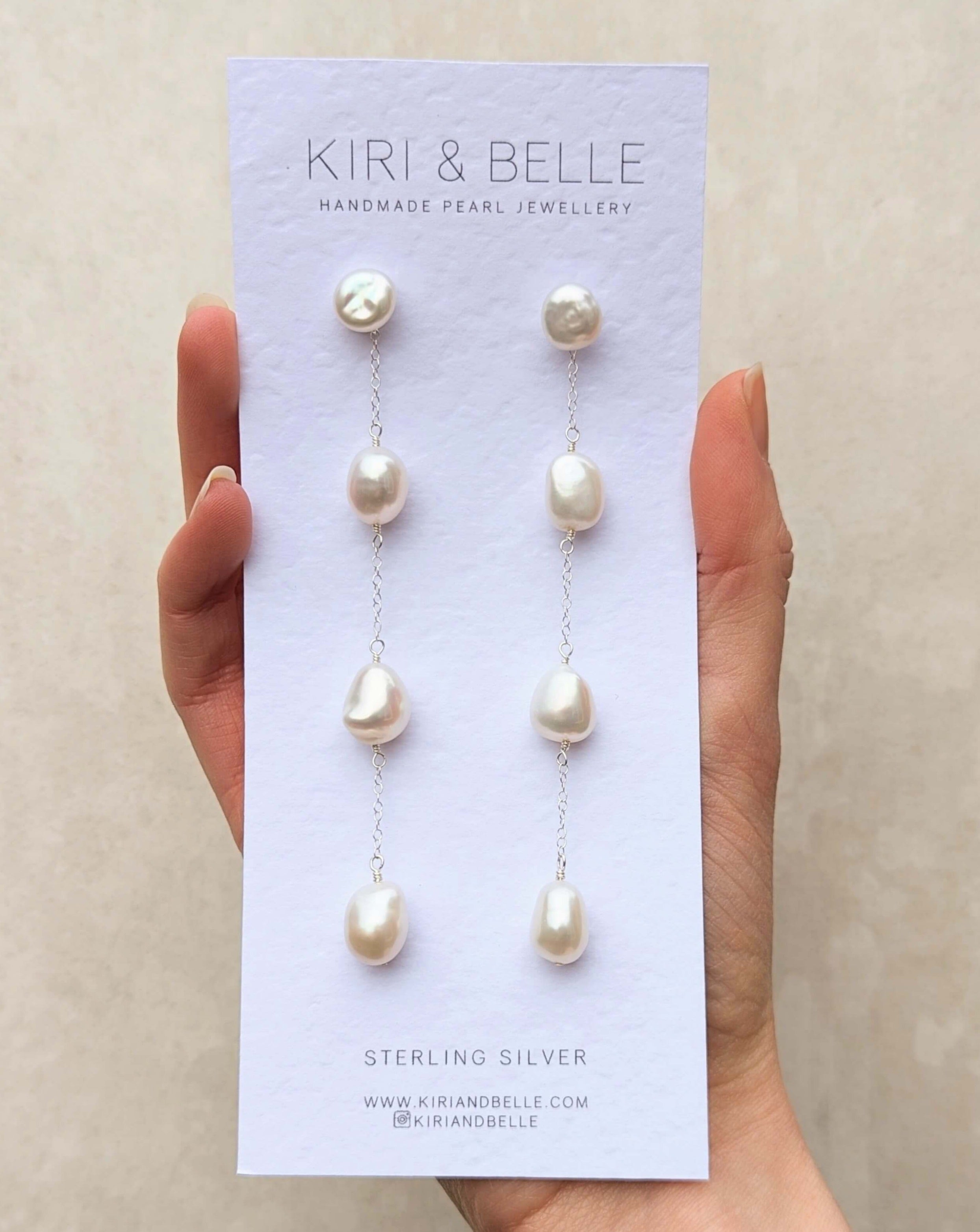 long pearl drop earrings in sterling silver