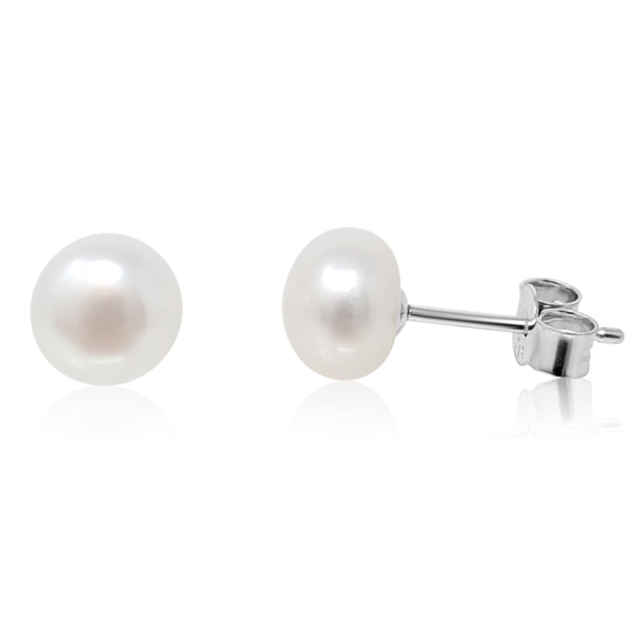 Sterling silver Mae pearl studs on white background