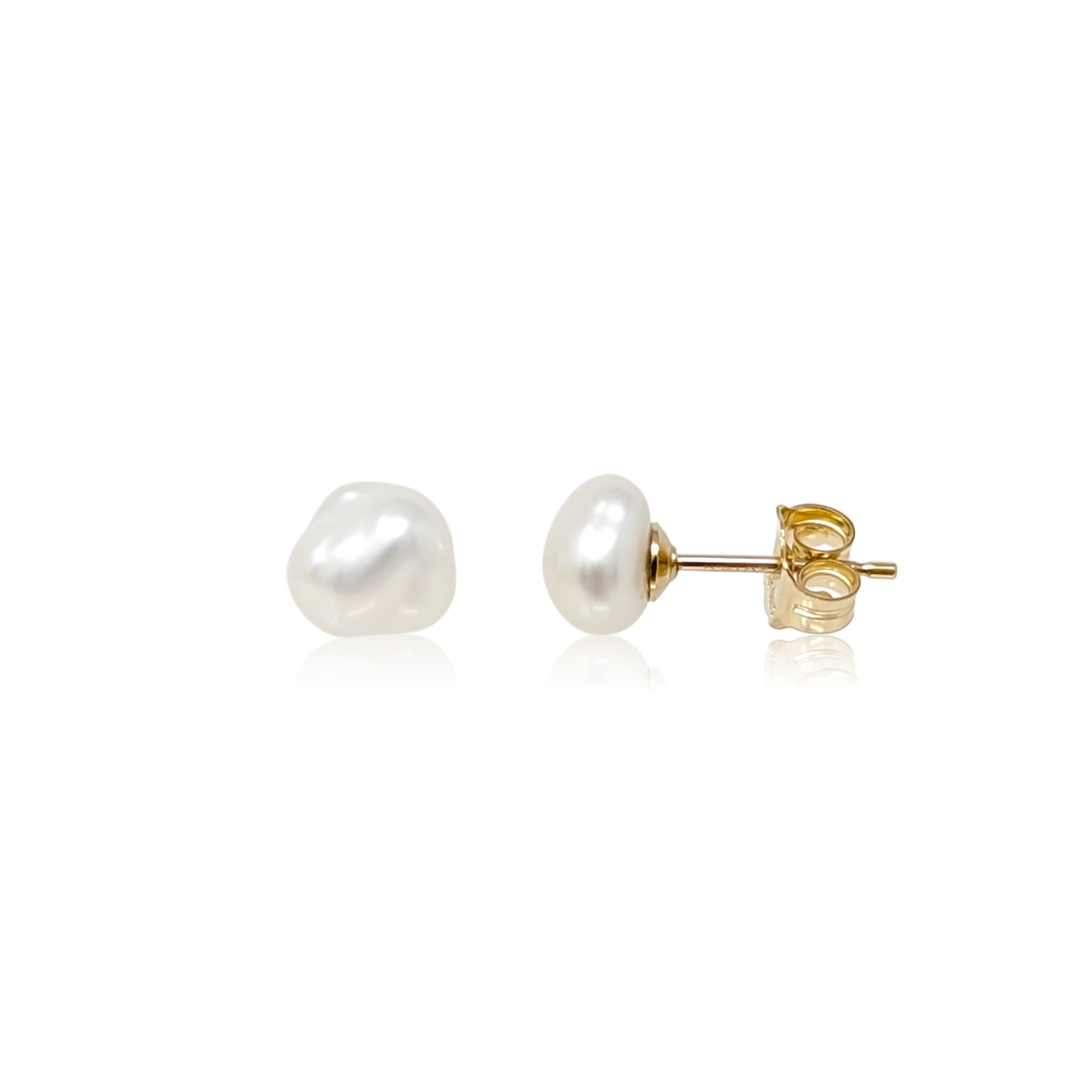 Small keshi pearl stud earrings in gold filled on white background