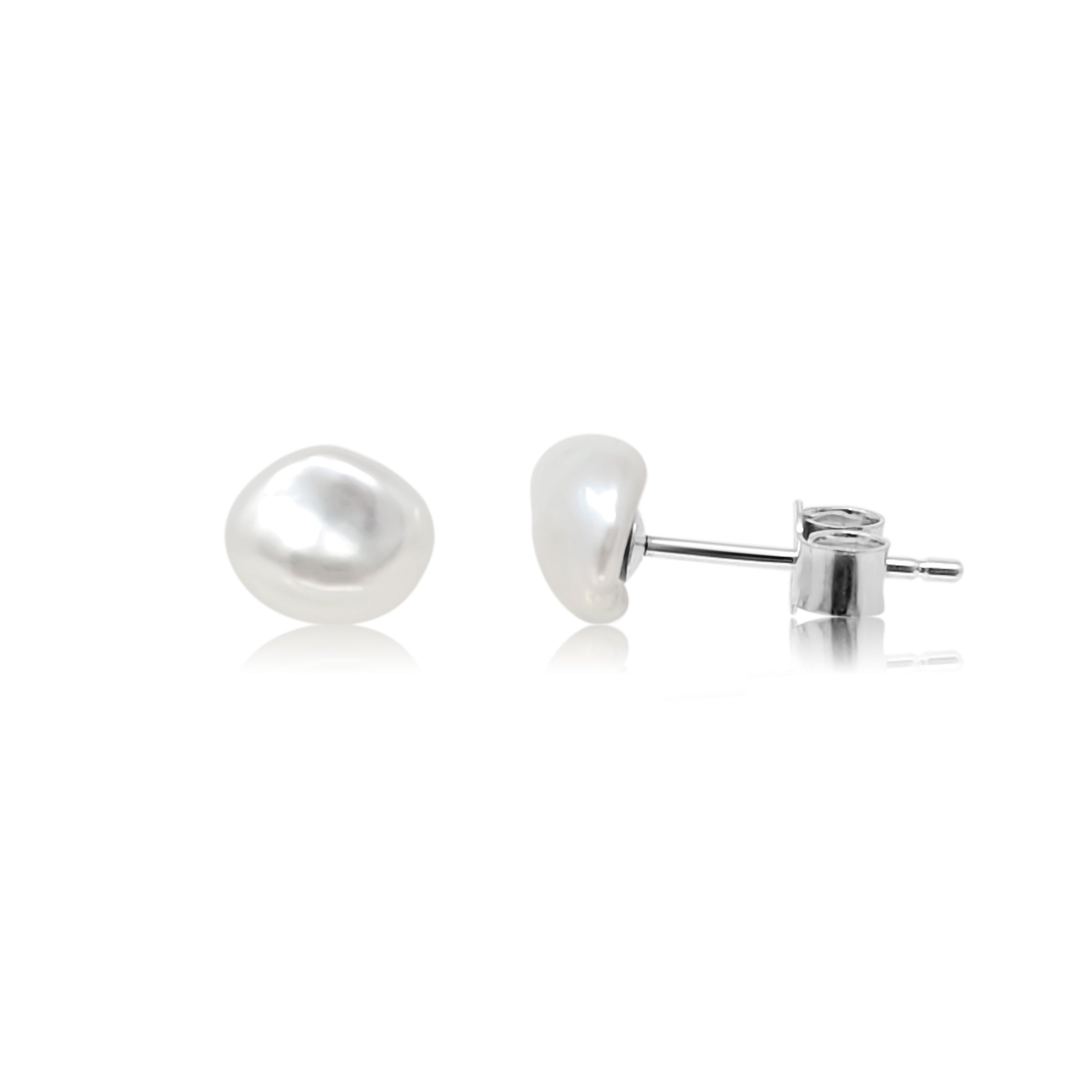Sterling silver small keshi pearl studs on white background