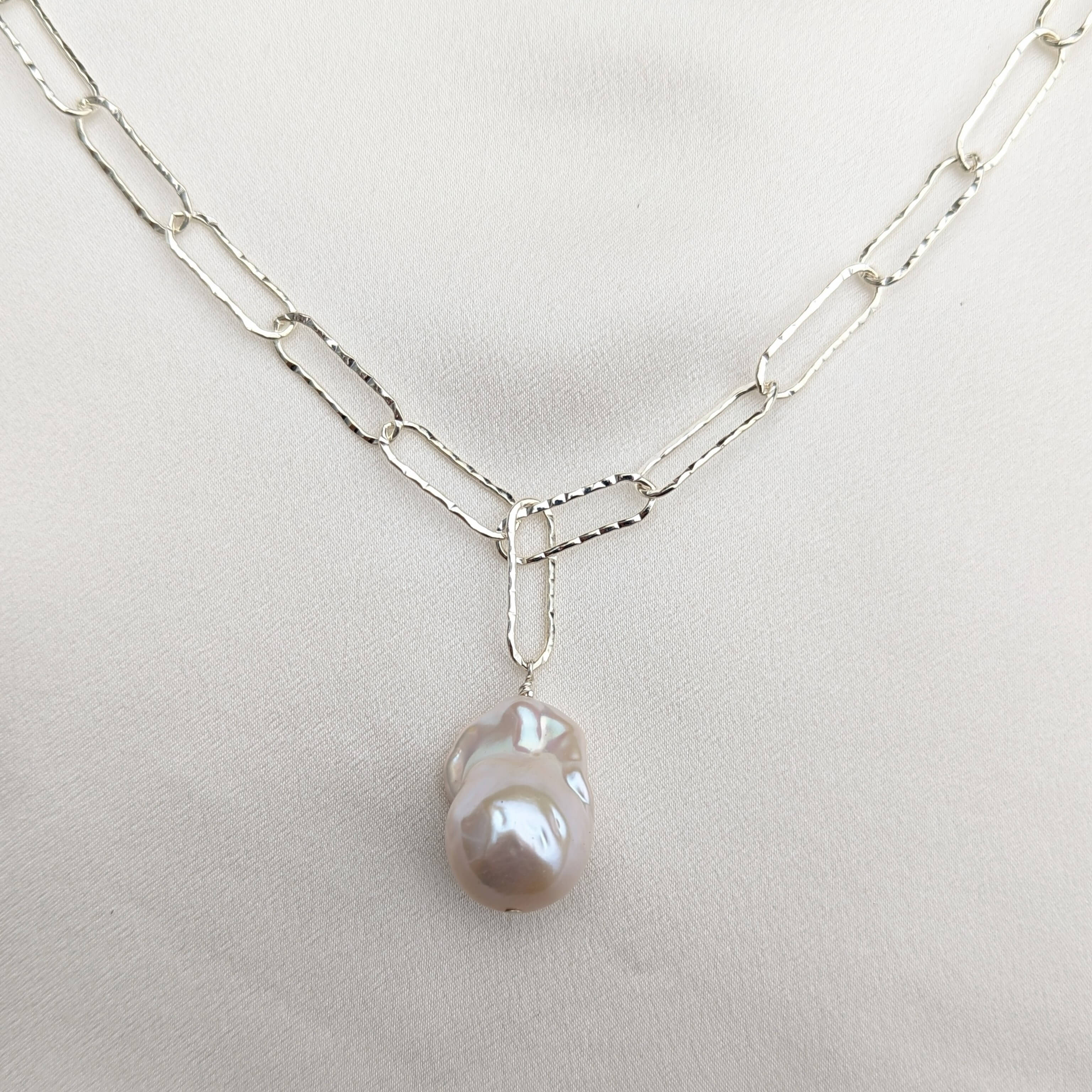 paperclip chain large pearl necklace in sterling silver