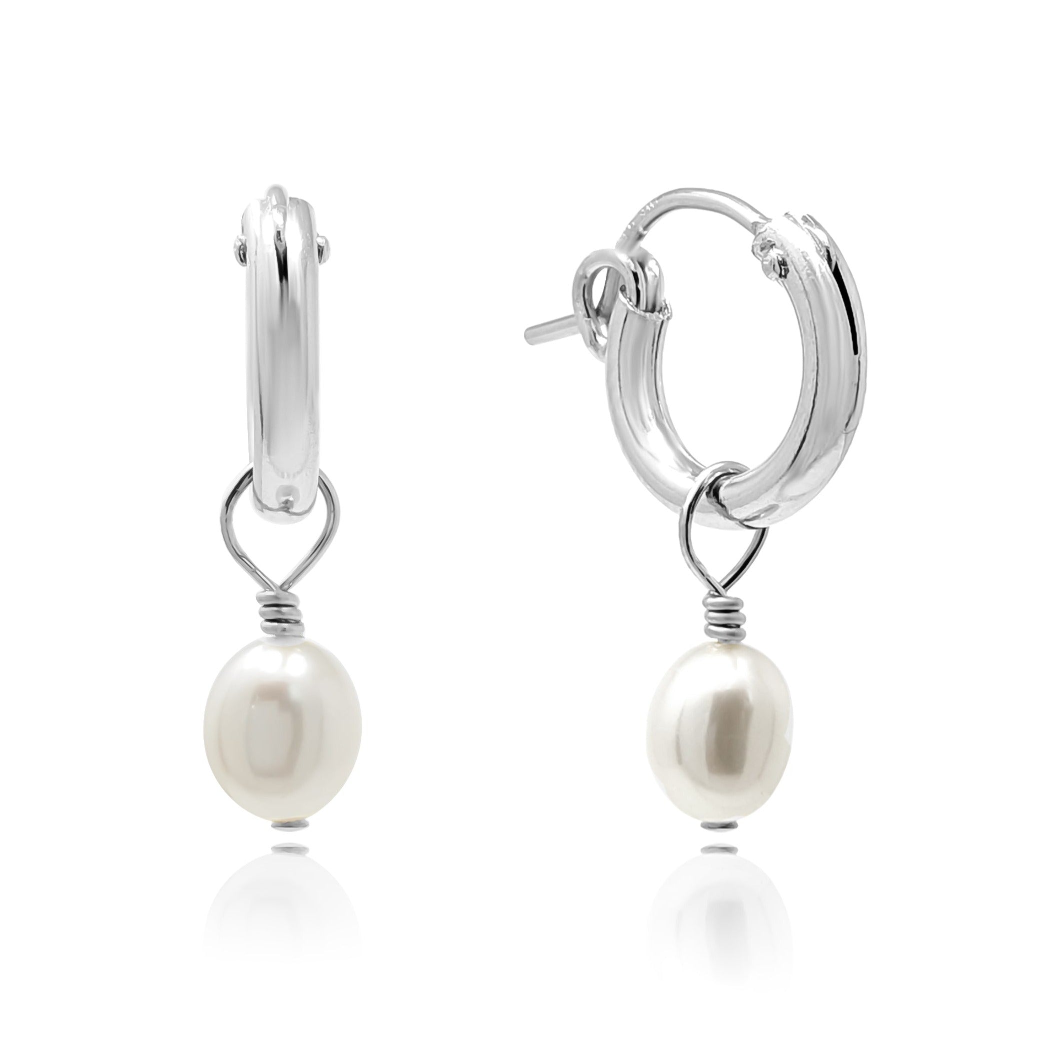 Small silver hoop earrings with freshwater pearls