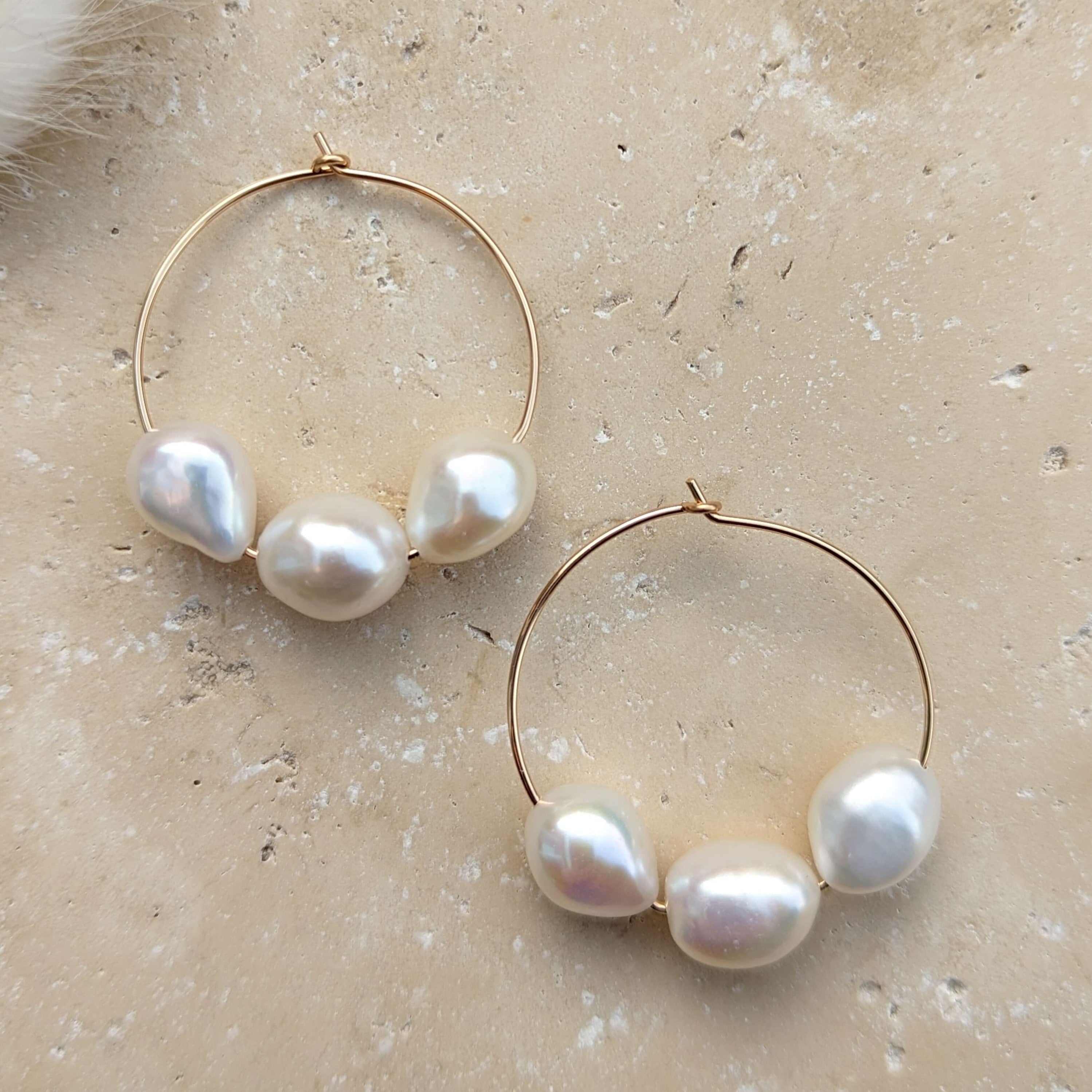 three pearl hoop earrings in gold filled