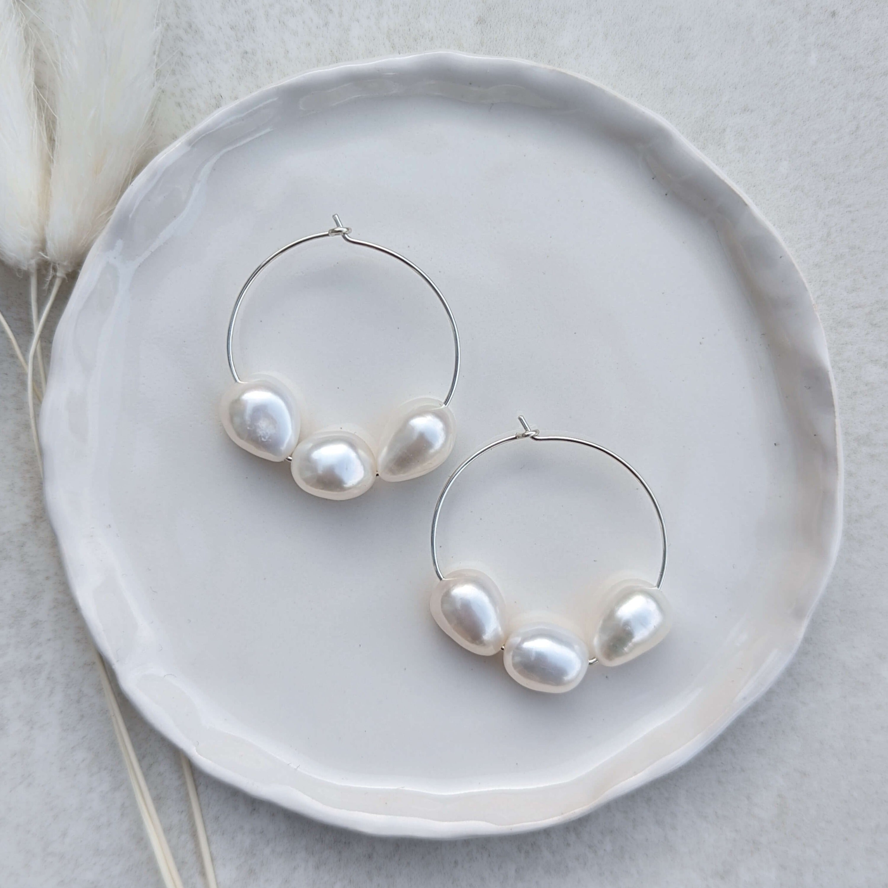 three pearl hoop earrings in sterling silver