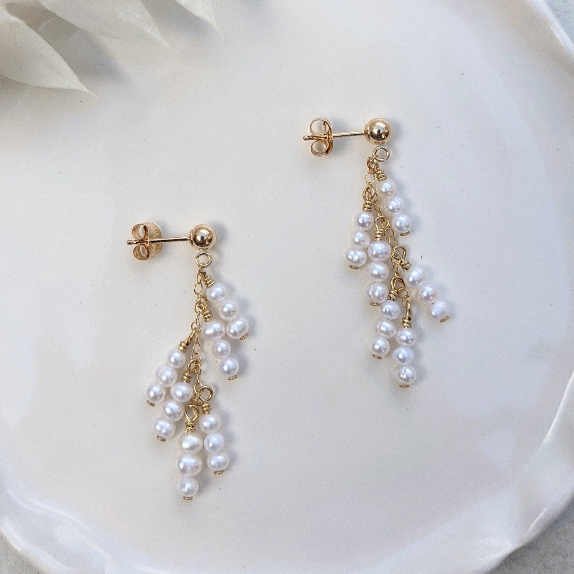 Gold filled ball stud tiny pearl waterfall drop earrings