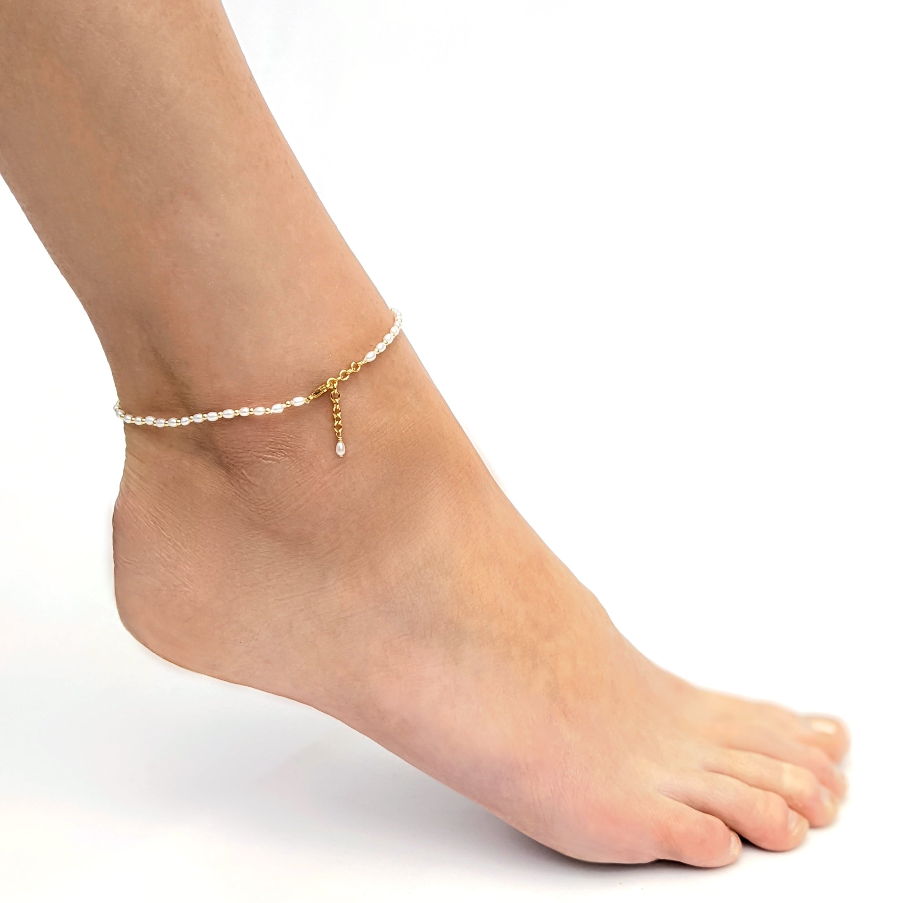 Adjustable small pearl and gold bead ankle bracelet