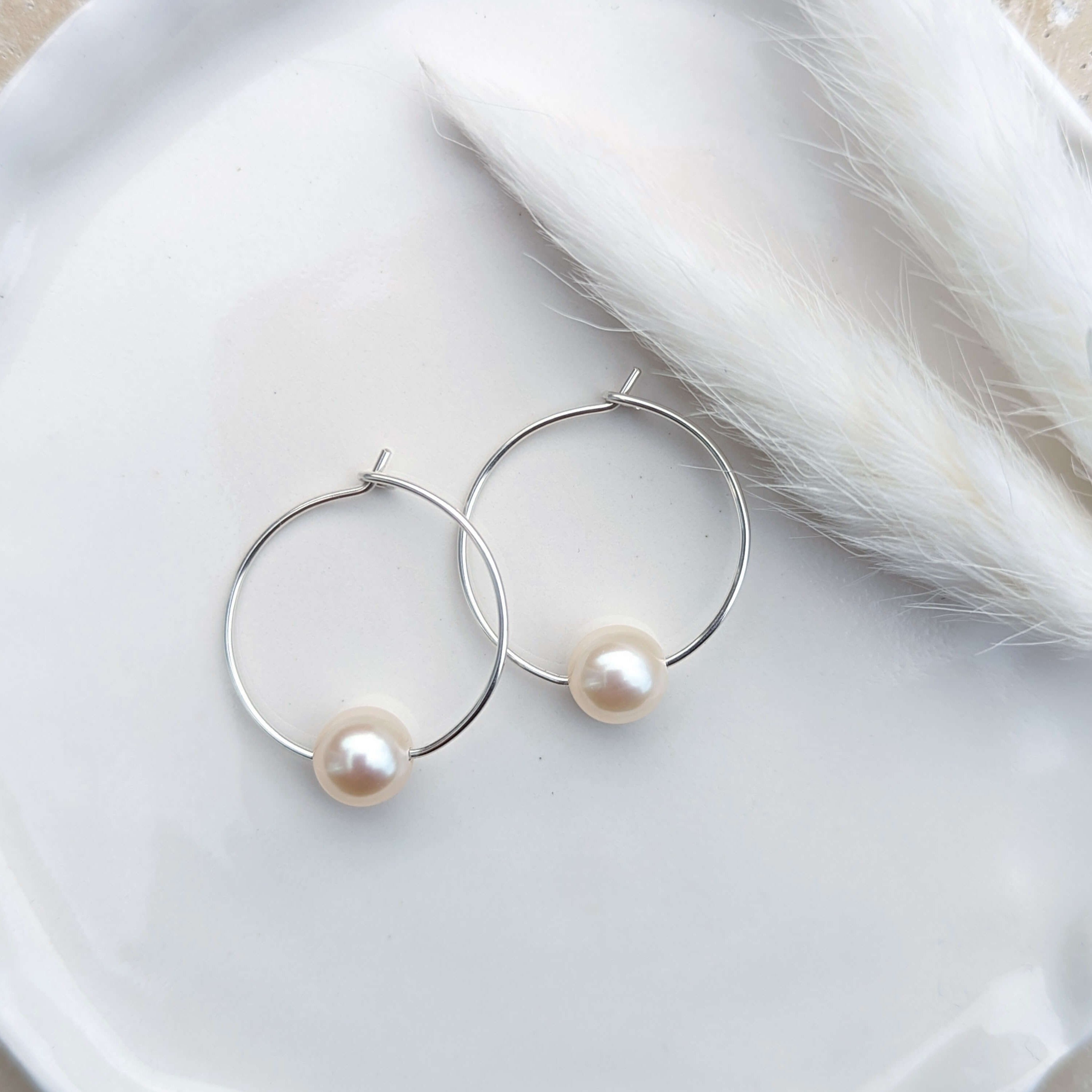 wire hoop round pearl earrings in sterling silver