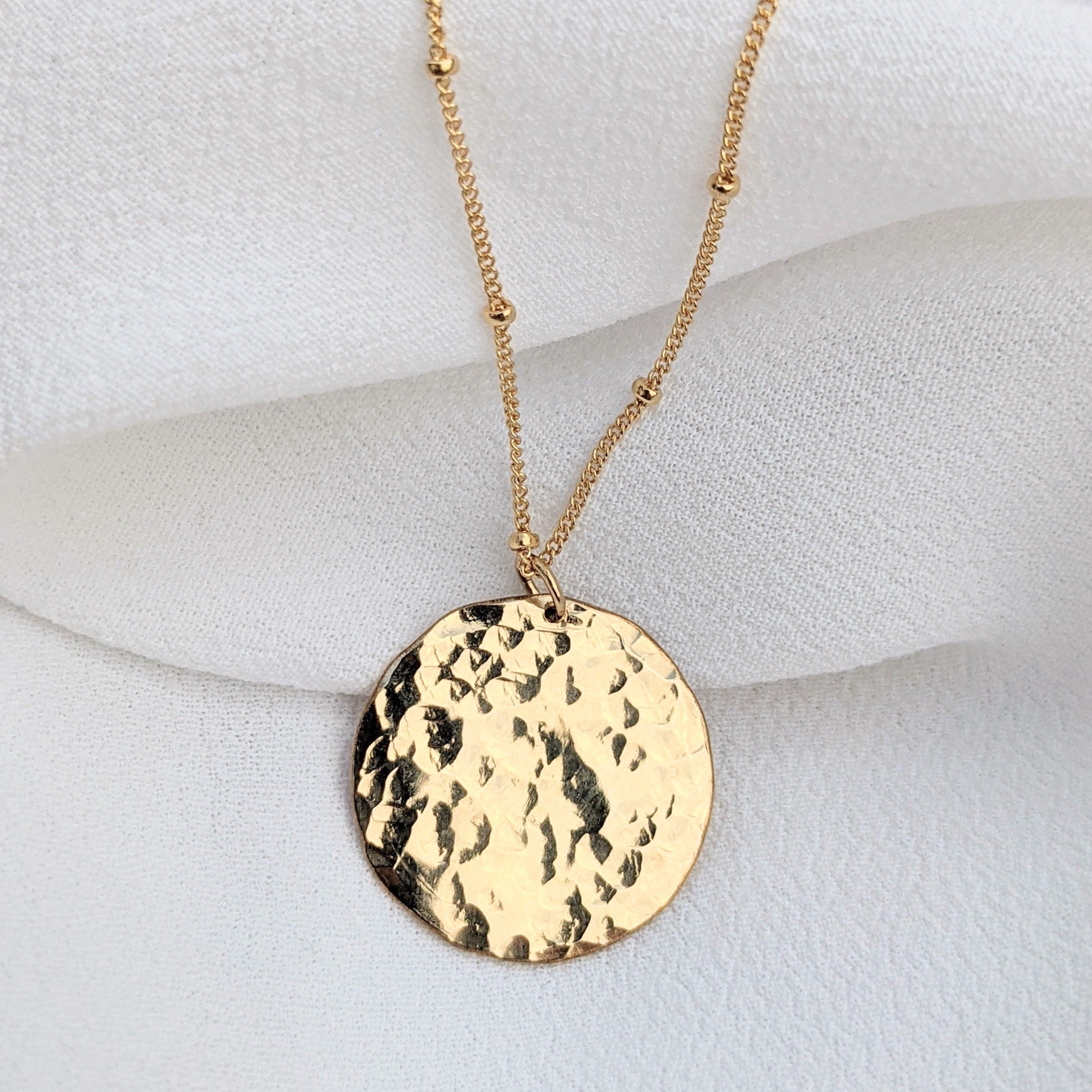 Large gold filled hammered disc pendant necklace satellite chain coin