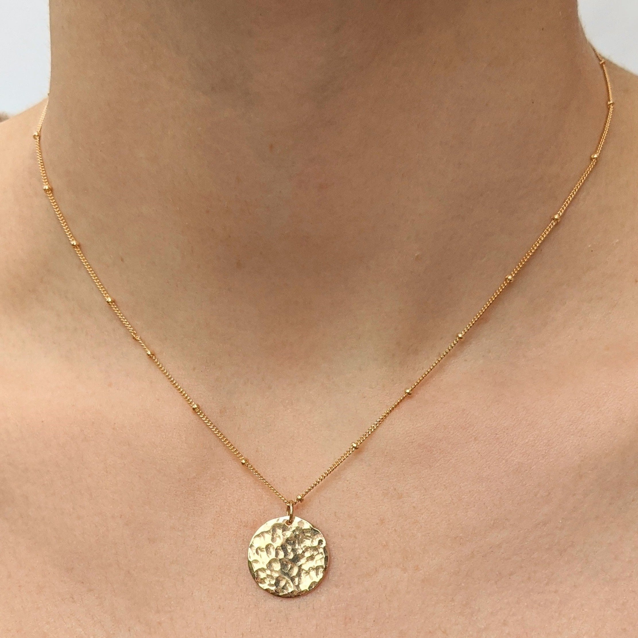 Small gold filled hammered disc pendant necklace 16 inch satellite chain